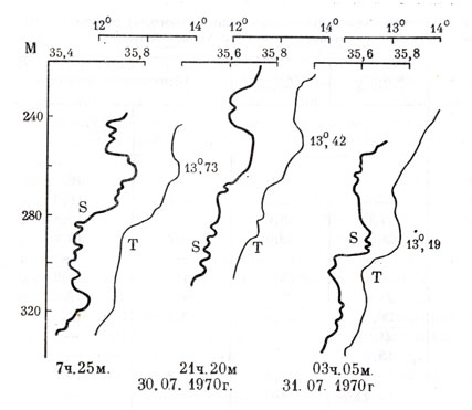 Рис. 4. Сложный характер распределения температуры и солености по вертикали в слое скачка (по Л. М. Бреховских и К. Н. Федорову, 1971)