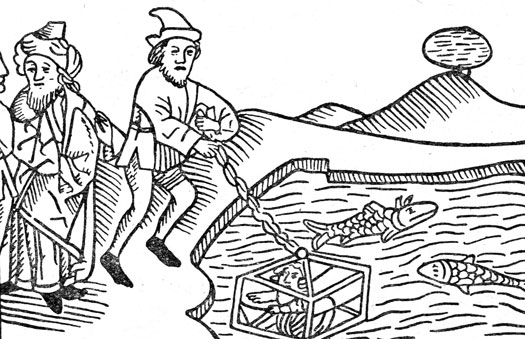 Средневековая гравюра, изображающая погружение в водолазном колоколе.