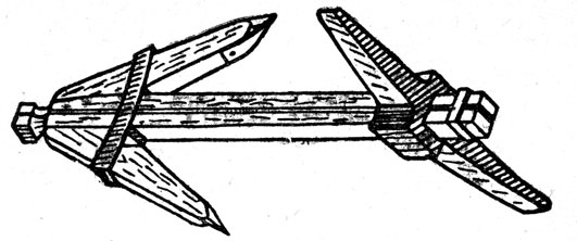 Реконструкция древнеримского якоря. Штриховкой обозначены части из свинца, остальные части - деревянные.