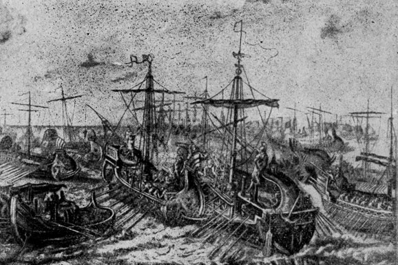 Победа римлян над карфагенянами в морском сражении у мыса Экном (по гравюре на меди художника Блашке, 1810 год).