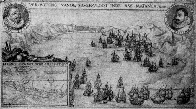 Захват голландцами Серебряного флота в бухте Матансас на Кубе в 1628 году; в медальонах - портреты адмиралов. (С гравюры 1742 года).