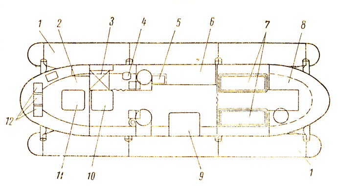 План подводной лаборатории 'Силаб 1' 1 - опоры с балластными бункерами; 2 - отсек, заполненный воздухом 3 - душевая; 4 - туалет; 5 - раковина водопровода; 6 - лабораторный стол; 7 - подвесные трехъярусные койки; 8 - стеллажи для аппаратуры; 9 - стол; 10 - вход из воды в жилой отсек; 11 - вход в воздушный отсек; 12 - трансформаторы