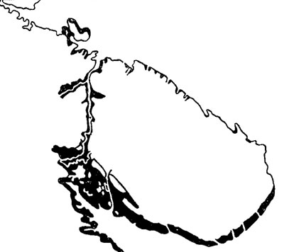 Рис. 8. Кольский полуостров в позднеледниковое время. Показано наличие пролива по линии р. Нива - оз. Имандра - р. Кола (по Лавровой, 1947)