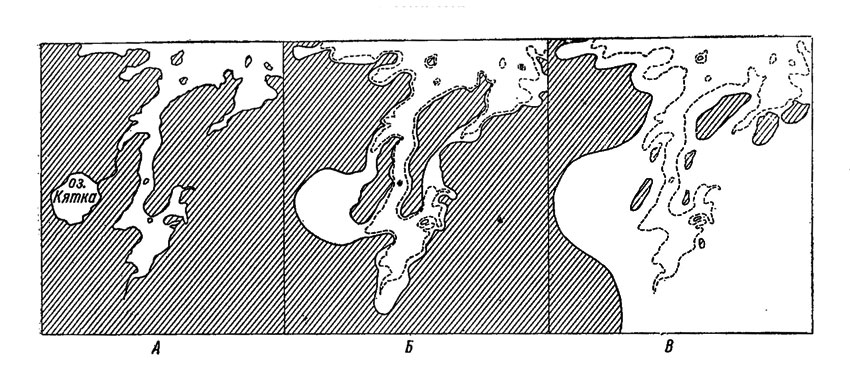 Рис. 9. Предполагаемые изменения очертания береговой линии в течение послеледникового времени в районе губы Долгой на Карельском берегу Белого моря (65°51' с. ш. и 34°42' в. д.). А - современное очертание береговой линии. Б - тот же участок побережья при понижении уровня суши на 3.7 м, т. е. около 1500-2000 лет назад. В - тот же участок побережья при понижении уровня суши на 7.3 м, т. е. около 3000-4000 лет назад. Пунктиры - современное очертание береговой линии
