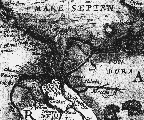 Рис. 11А. Фрагмент карты  Дженкинсона (Jenkinsono, 1562). Несмотря на существенные различия представлений об очертаниях береговой линии Белого моря, в обоих случаях (А и Б) показано, что Канинская Земля отделена от материка проливом 