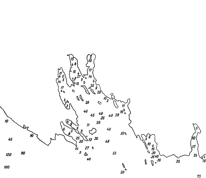 Рис. 16А. Очертание береговой линии и глубины губы Порьей (схематизировано). А - по Голенищеву-Кутузову
