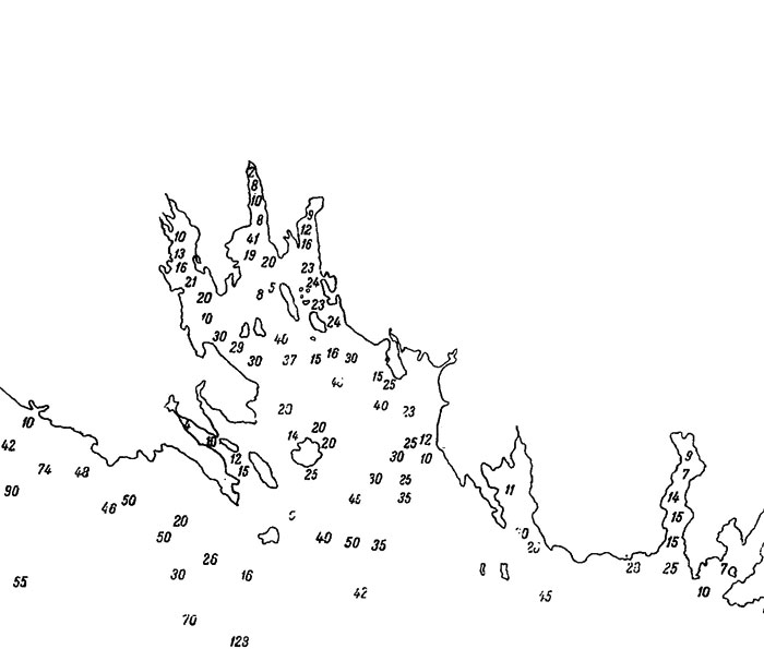 Рис. 16Б. Очертание береговой линии и глубины губы Порьей (схематизировано). Б - по Рейнеке