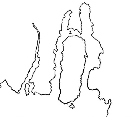 Рис. 17. Губы Малая и Большая Пирью по съемке в 1830-1831 гг. (схематизировано). Якорное место показано в проливе, соединяющем эти губы, на глубине 2-3 саж. (3.7-5.5 м)