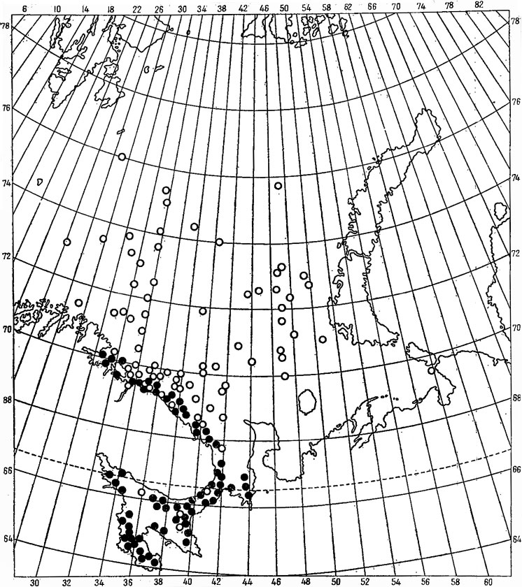 Рис. 57. Распространение Pandalus borealis (○) и P. annulicornis (●) в Баренцевом и Белом морях