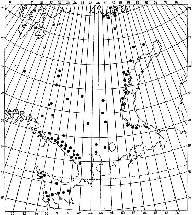 Рис. 59. Распространение Hetairus polaris в Баренцевом и Белом морях
