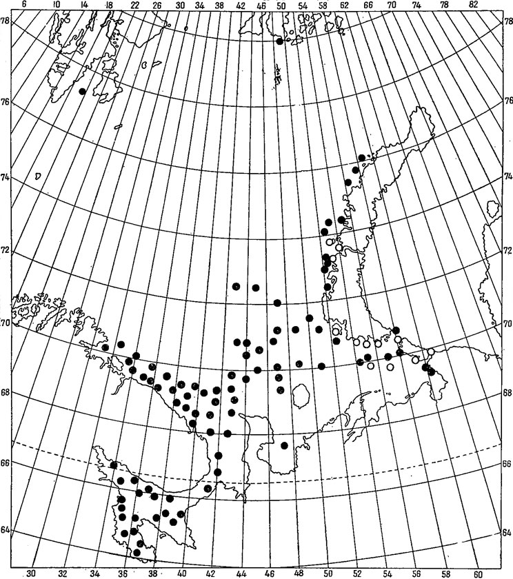 Рис. 60. Распространение Eualus gaimardi (●) и Е. gaimardi belcheri (○) в Баренцевом и Белом морях