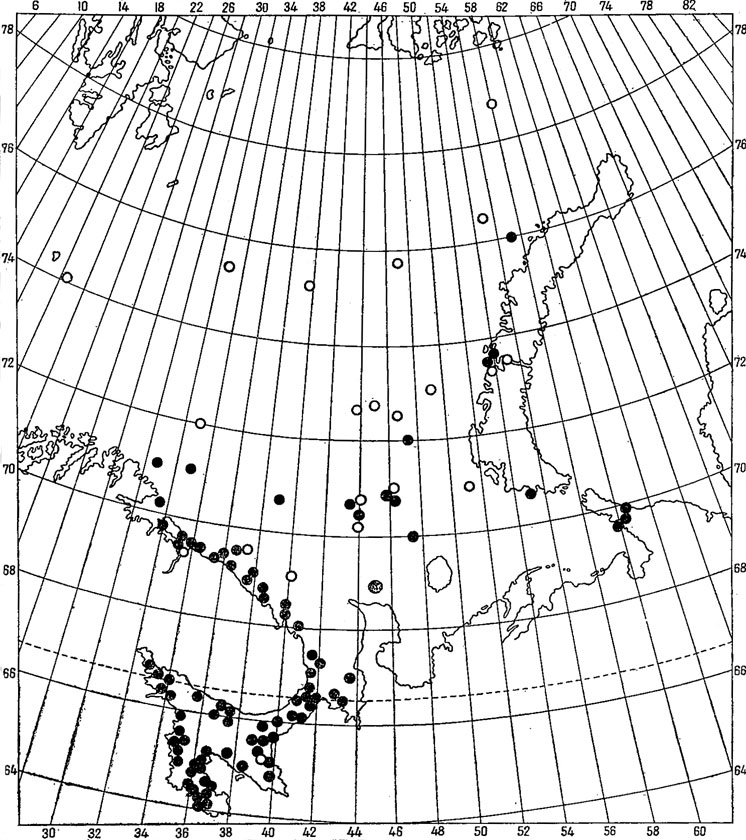 Рис. 62. Распространение Sclerocrangon boreas (●) и S. ferox (о) в Баренцевом и Белом морях