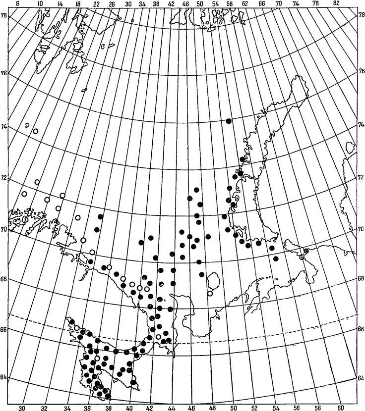 Рис. 65. Распространение Hyas araneus (●) и Н. coarctatus (○) в Баренцевом и Белом морях