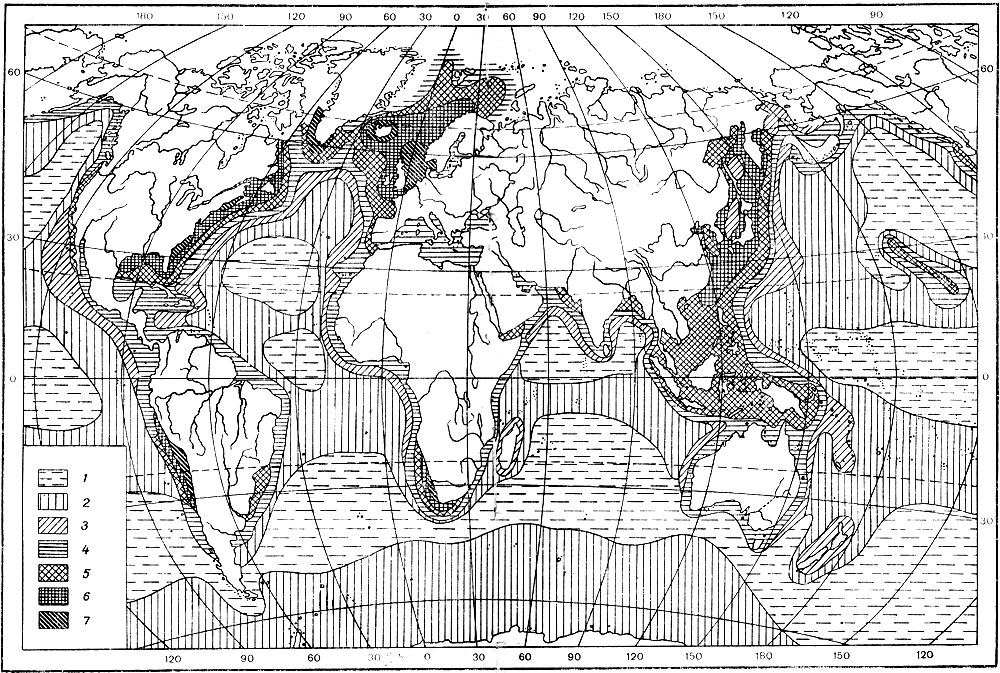 Рис. 3. Рыбопродуктивность Мирового океана (по П.А. Моисееву, 1969). 1 -  10, 2 - 10, 3 - 100, 4 - 200, 5 - 500, 6 - 1000, 7 - 3000 кг/км><sup>2</sup>.