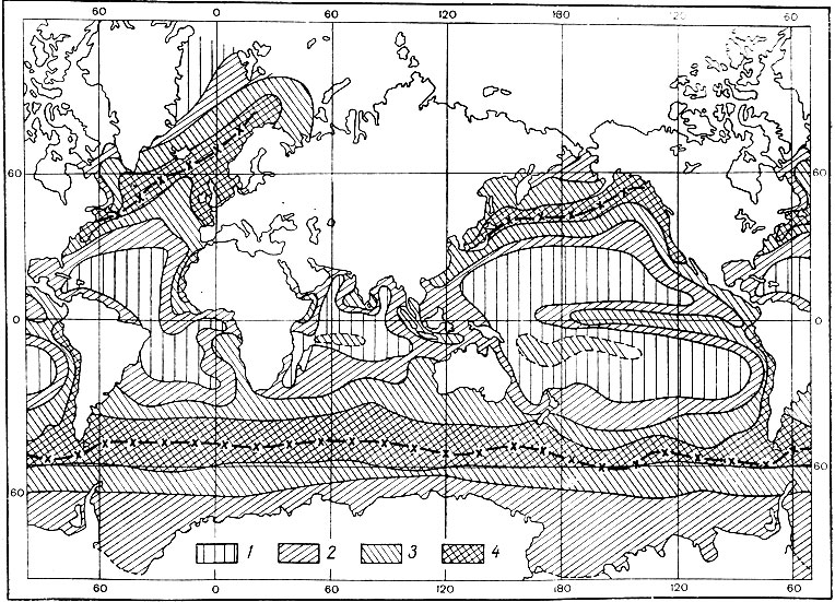 Рис. 5. Распределение годовой первичной продукции (по Ф. Гесснеру, 1969). На карту нанесен Главный океанический фронт 1 - 50; 2 - 50 - 100; 3 - 100 - 200; 4 - 200 мг, С ><sub>орг</sub>/ (л-год).
