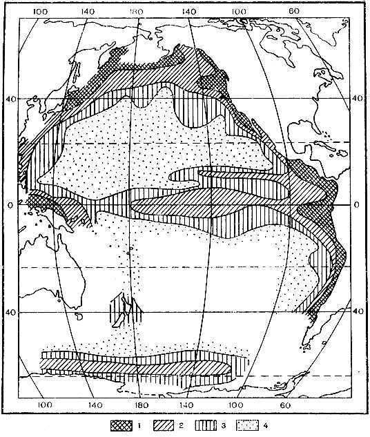 Рис. 6. Распределение зоопланктона в активном слое (верхние  100 м) Тихого океана (по В. Г. Богорову, 1967). 1 - 200, 2 - 100 - 200, 3 - 50 - 100, 4 - 50 мг/мsup3/sup.