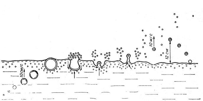 Рис. 25. Воздушный пузырек пробивает пограничный слой и поставляет морскую соль в воздух (по Р. Хорну, 1972).