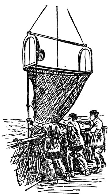 Трал длиной 2,5 метра опускается в море с борта корабля 'Витязь' (по фото Г. М. Беляева)